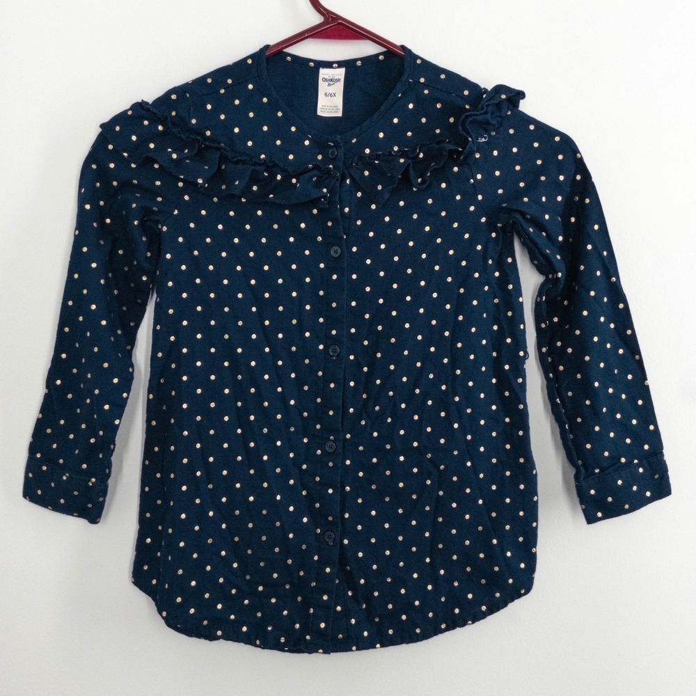 OshKosh B'gosh Girls 6/6X Navy Gold Polka‎ Dot Ruffle Button Front Shirt